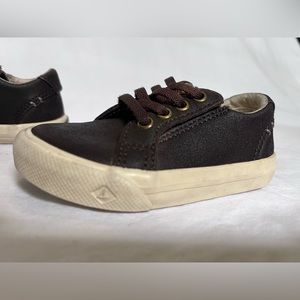SPERRY SNEAKER Toddler Boy Size 5 Memory Foam Dark Brown Leather Cream Sole
